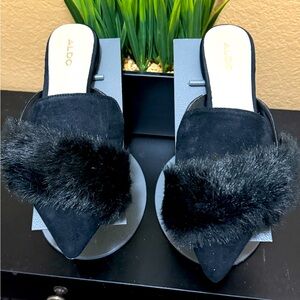 Aldo Dorriety Black Suede Faux Fur Mules